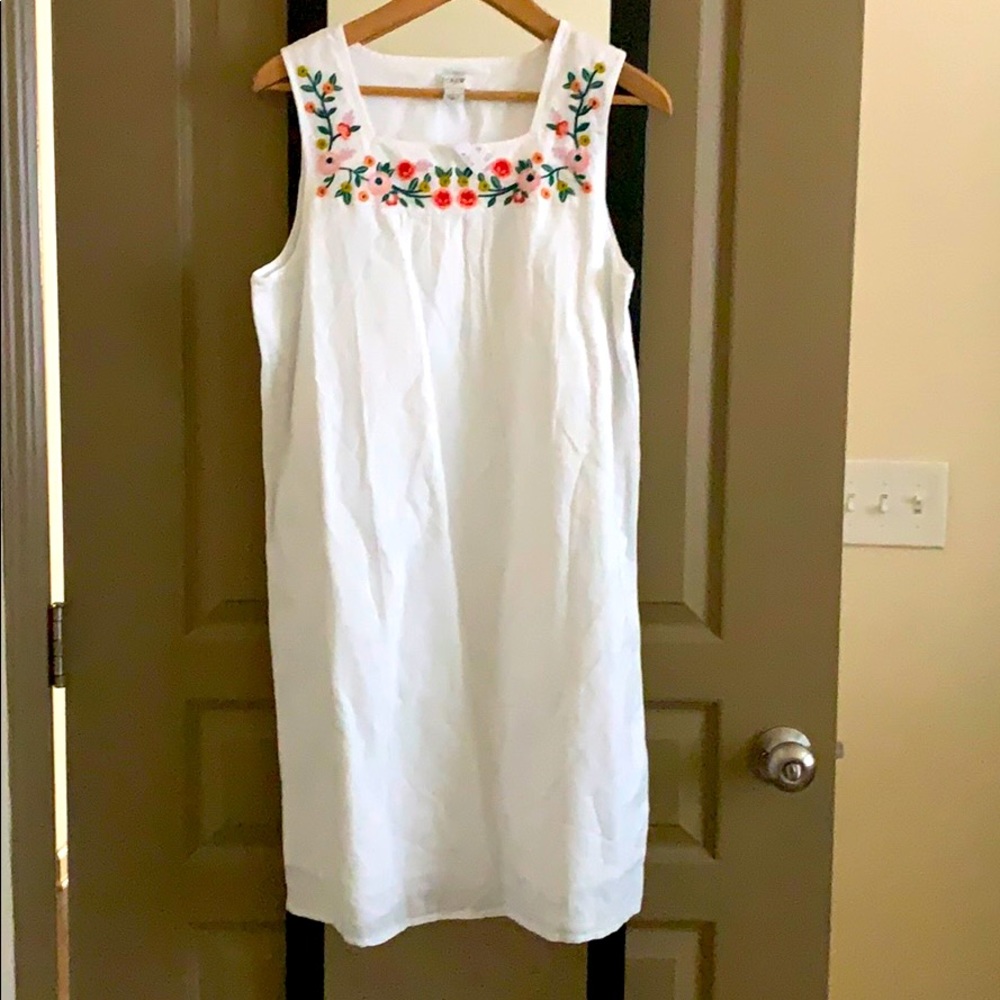 JCrew White Embroidered Linen Shift Dress
